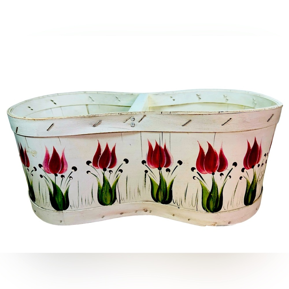 Folk Art Hand Painted Wood Basket Easter Floral Spring Planter Sue Burns 15”